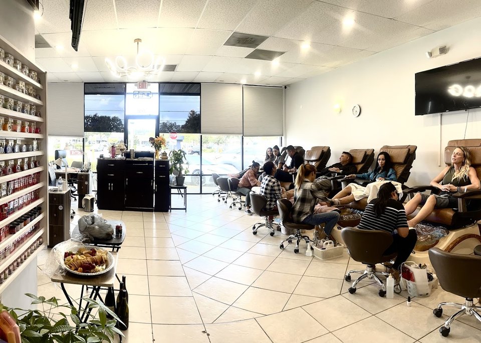 Spa services area with manicure tools nearby.