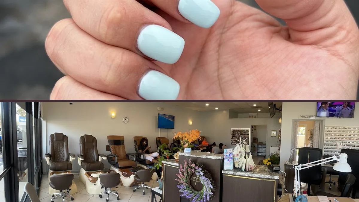 Clean nail salon interior with bright worktables.